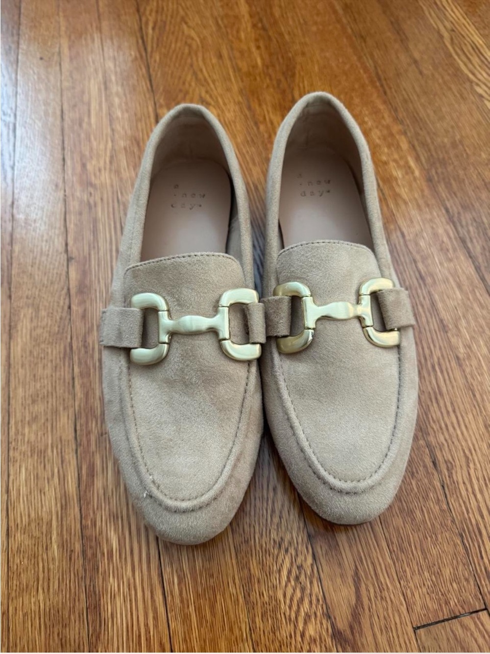 Target Tan Suede Loafers with Gold Buckle